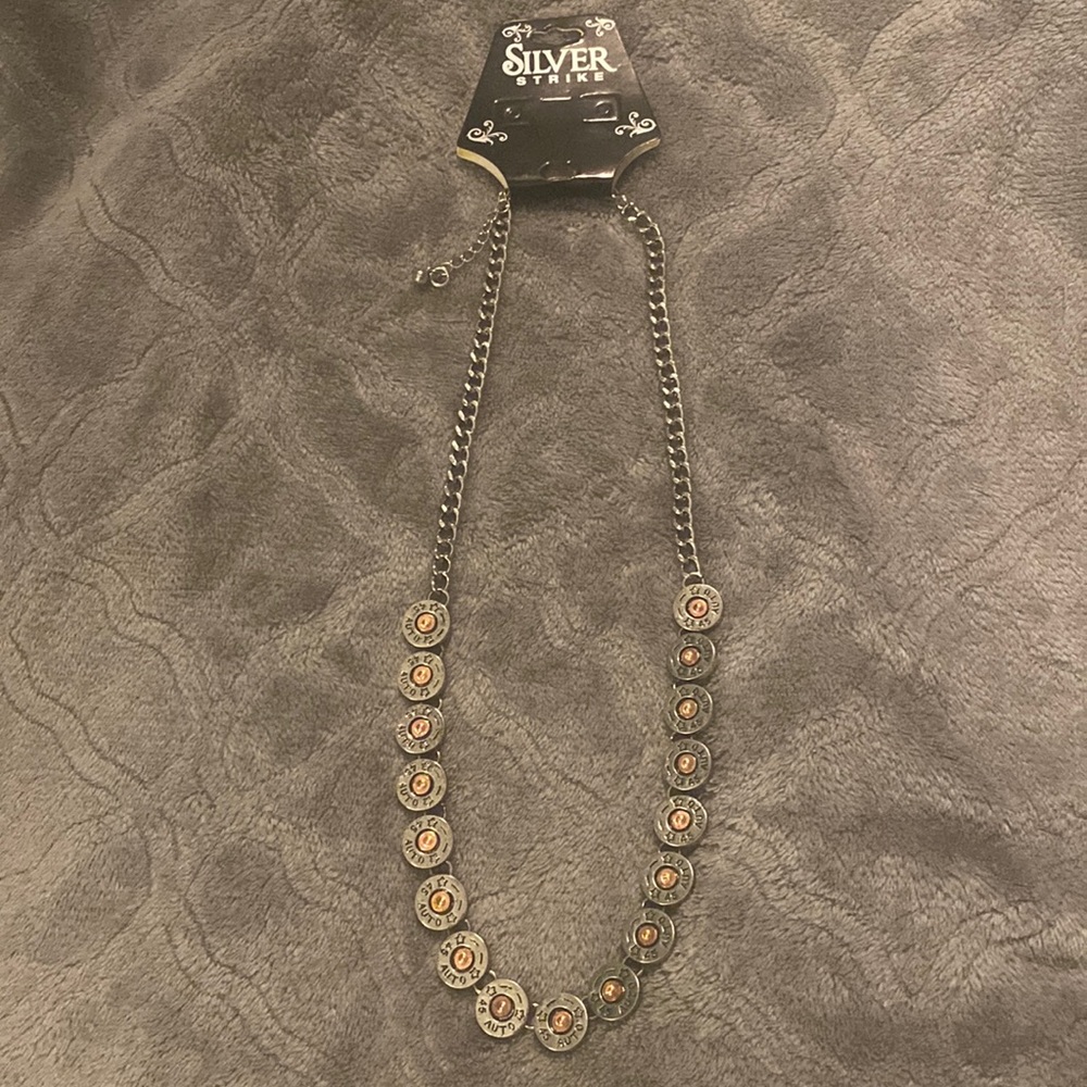 Silver strike 45 auto bullet necklace silver and brass nwt